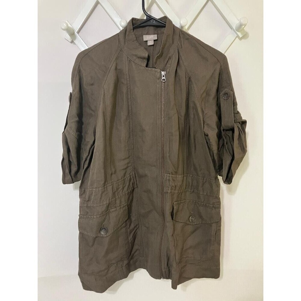 J.‎ Jill Jacket Linen Blend Full Zip Short Roll Tab Sleeve Light Brown XS